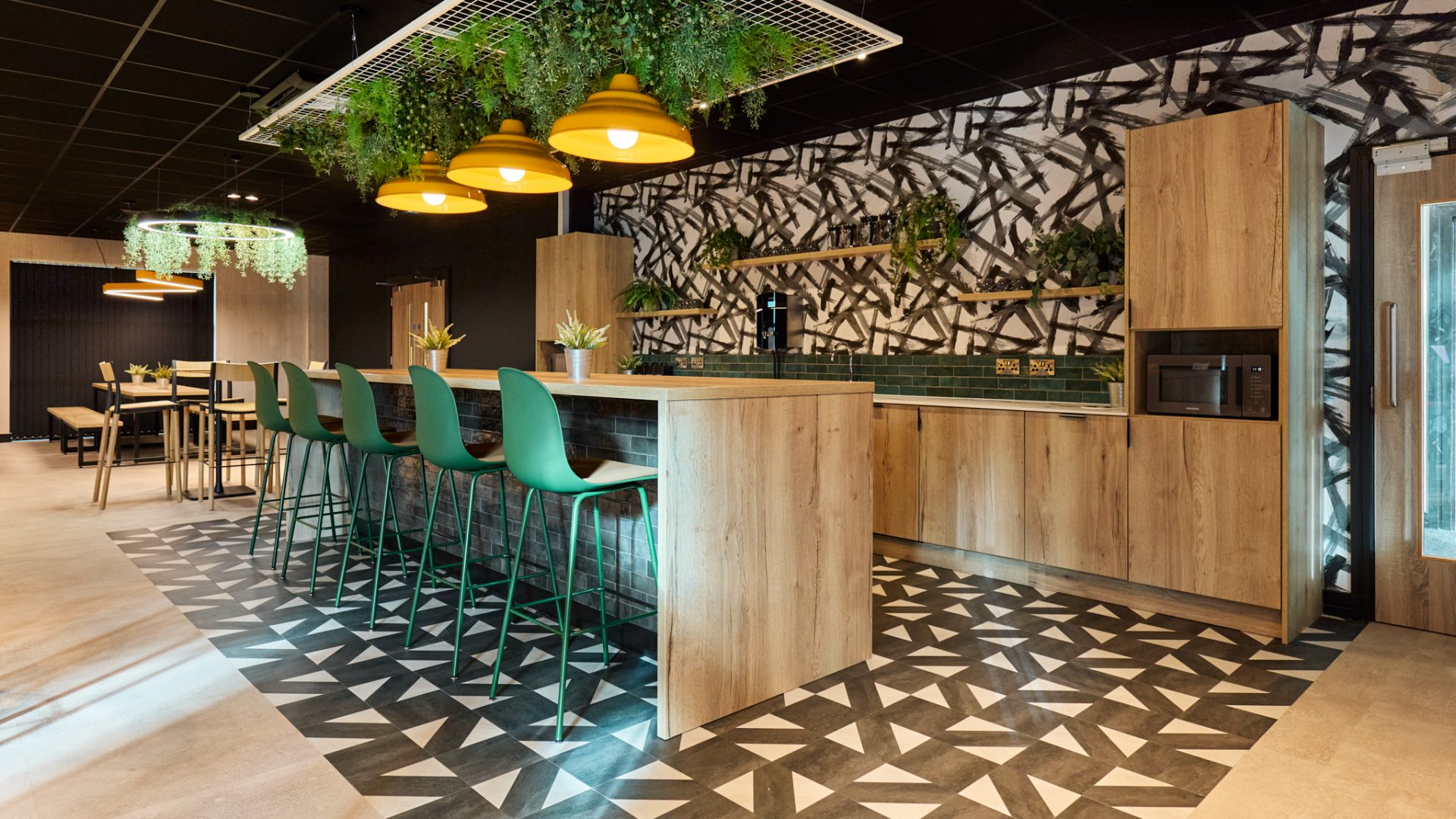 Café and bar interior with pendant lighting