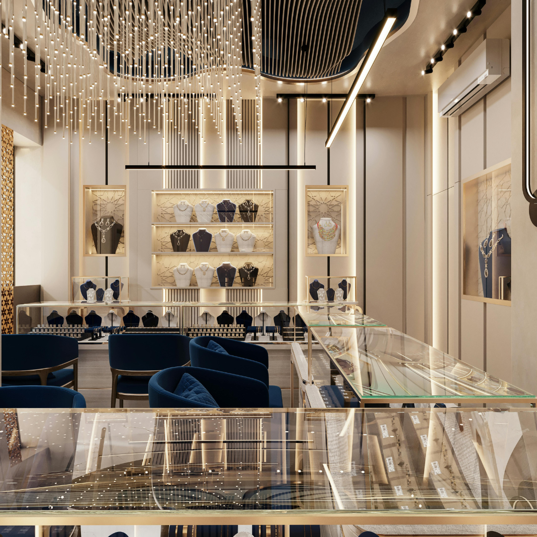 Retail interior with illuminated display cabinets