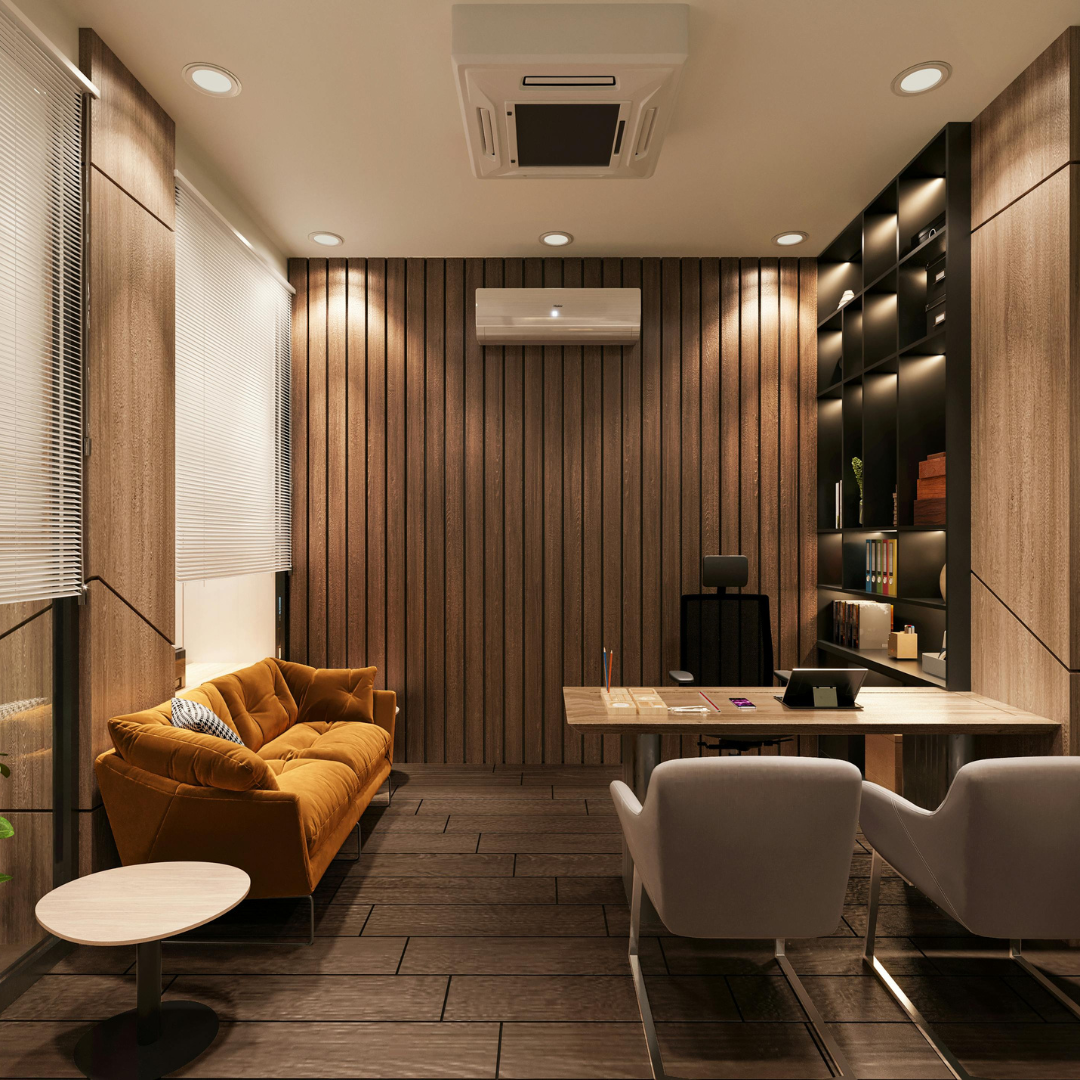 Office breakout area with timber slat wall and feature lighting