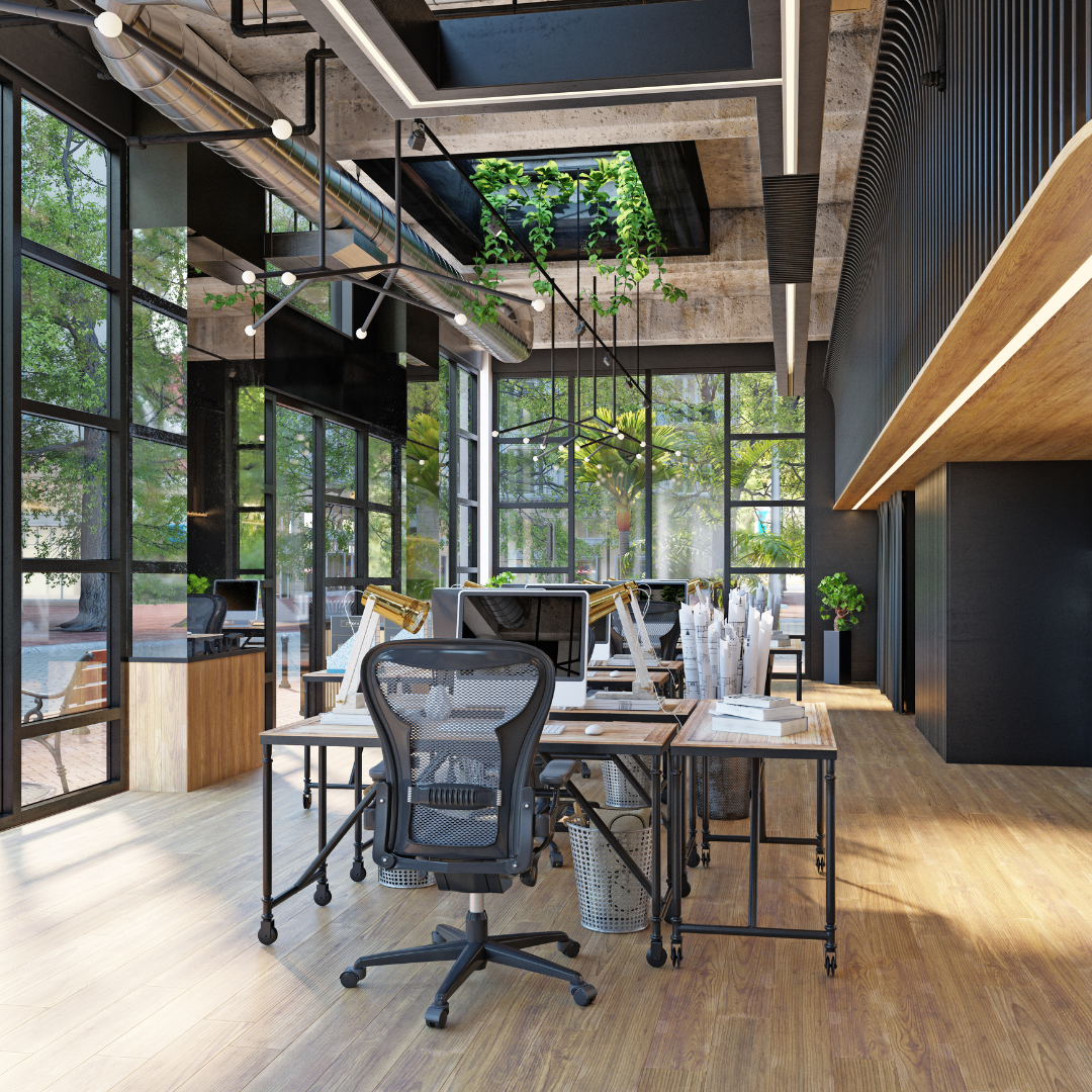 Open-plan office with workstations beside full-height windows