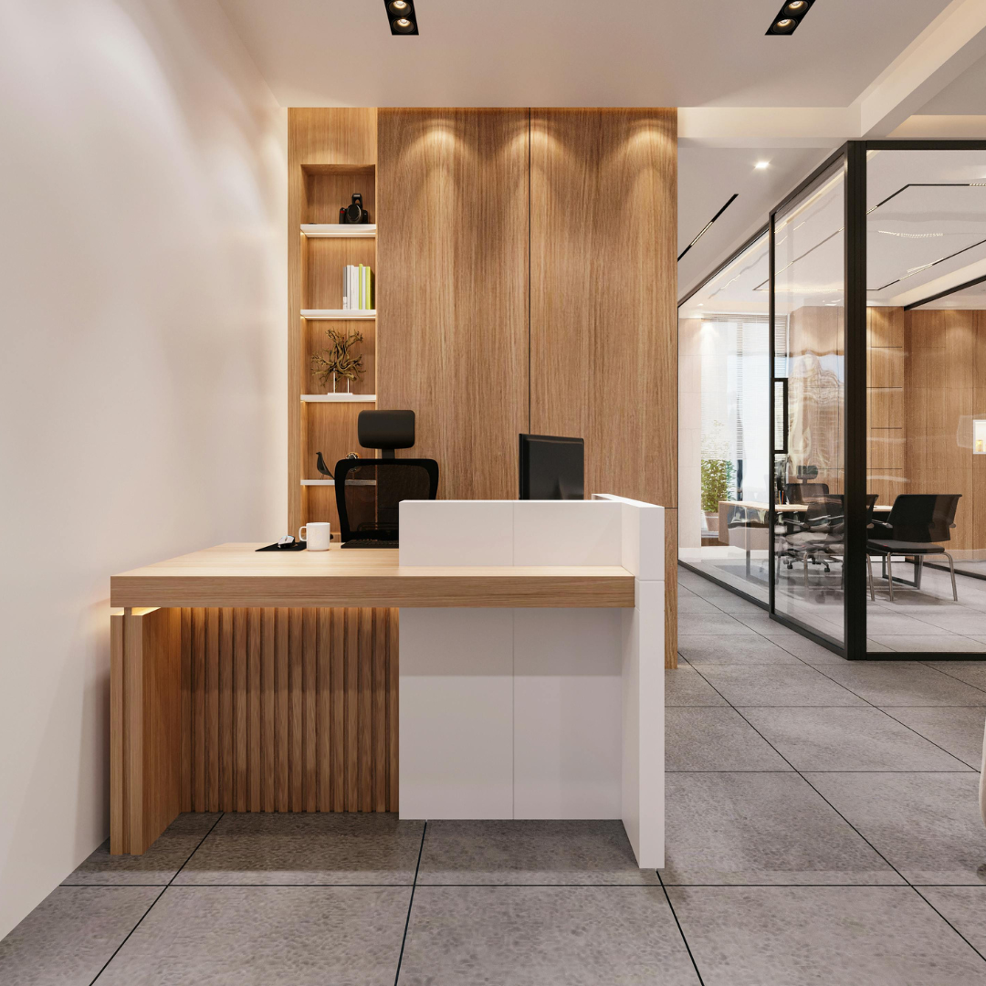 Office reception with timber desk and glazed meeting room