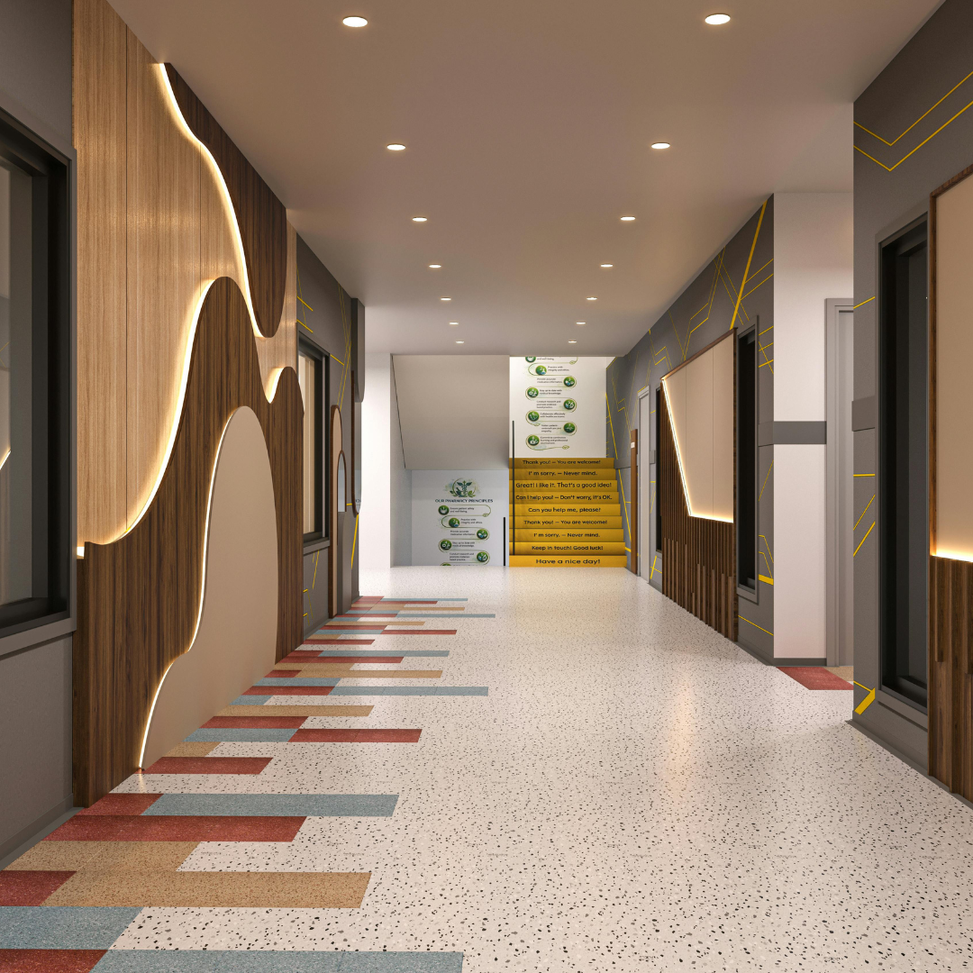 Contemporary education building corridor with feature lighting