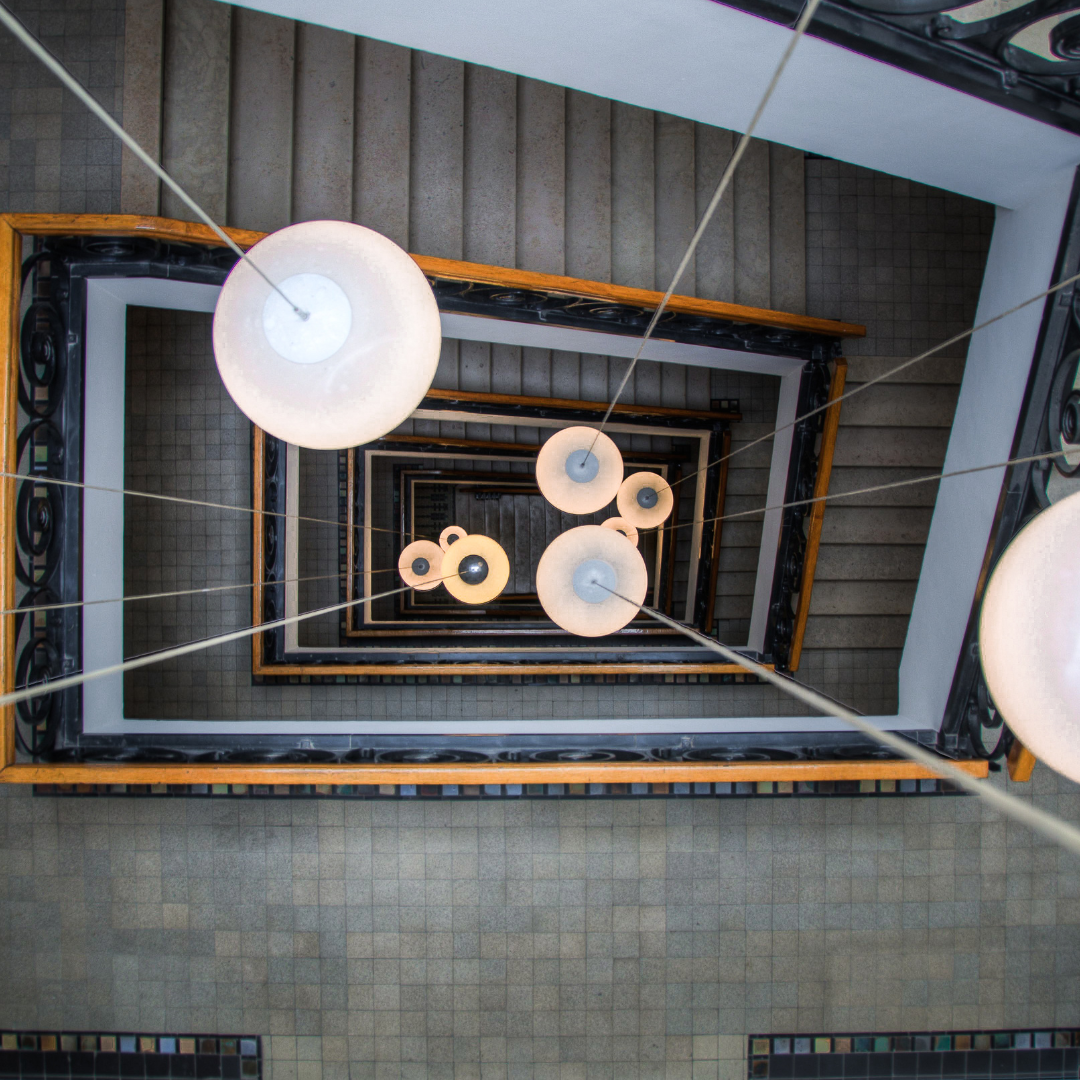Decorative pendant lighting viewed from below in an atrium