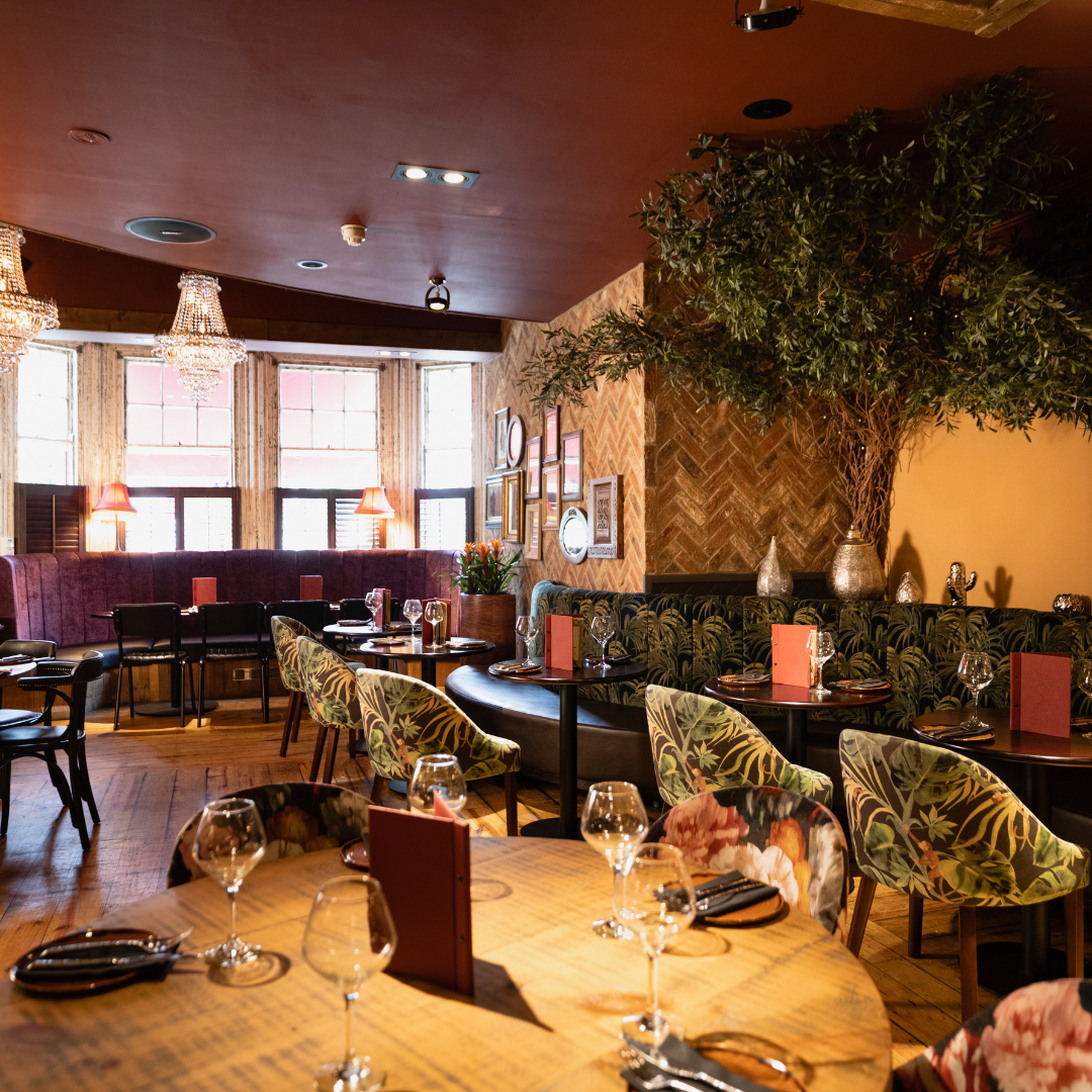 Restaurant interior with warm lighting and planting